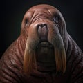 Close-up of an adult walrus, with its long mustache. It is looking directly at camera in serious manner, as if it were