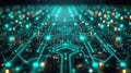 Close-up of advanced circuit board with glowing pathways. AI Generated.