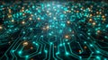 Close-up of advanced circuit board with glowing pathways. AI Generated.