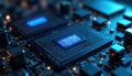 Close-up of advanced computer chips on a circuit board glowing blue. Modern microprocessors and intricate circuitry represent Royalty Free Stock Photo