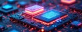 Close-up of advanced computer processors. Glowing circuits and data streams. Futuristic technology in neon blue and red lights. Royalty Free Stock Photo