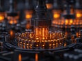 Close-up of advanced high-tech machinery featuring glowing orange components, highlighting precision engineering.