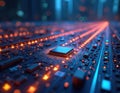 Close-up of advanced semiconductor chip on circuit board. Glowing orange, blue lights suggest data flow in communication Royalty Free Stock Photo
