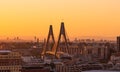 Close up aerial view of ANZAC bridge in Sydney, during sunset time with buildings in background.  The anzac bridge is an 8-lane Royalty Free Stock Photo