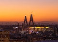 Close up aerial view of ANZAC bridge in Sydney, during sunset time with buildings in background.  The anzac bridge is an 8-lane Royalty Free Stock Photo