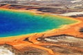 Close-up aerial view of Grand Prismatic Spring in Midway Geyser Basin, Yellowstone National Park, Wyoming, USA