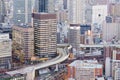 Close up aerial view office building business downtown and highway Royalty Free Stock Photo