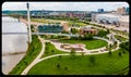 Close up Aerial view of the Omaha Plaza at the Omaha Nebraska landing of the Bob Kerrey pedestrian bridge