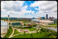 Close up Aerial view of the Omaha Plaza at the Omaha Nebraska landing of the Bob Kerrey pedestrian bridge Royalty Free Stock Photo