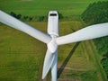 Close up aerial view of a wind turbine in the English countryside