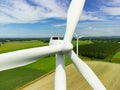 Close up aerial view of a wind turbine in a small rural wind farm in the English countryside Royalty Free Stock Photo