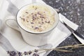 Close up of aesthetic lavender coffee with flowers