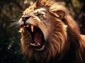Close up of African Lion roaring with mouth wide open