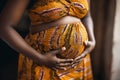 close up of African pregnant woman holding belly with hands Pregnancy, maternity, preparation and expectation concept.