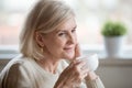 Close up of aged female thinking about pleasant life moments Royalty Free Stock Photo