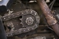 Close-up of an aged rusty gears mechanism. Old sprocket-wheel w