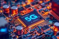 A close-up view of 5G computer chip illuminated on a circuit board. Generative AI.