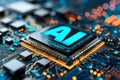 Close up of AI microchip on a circuit board, highlighting advanced AI technology, microelectronics, and innovation in a detaile