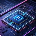 Close-up of AI Microchip on a Circuit Board with Neon Lighting artificial intelligence Royalty Free Stock Photo