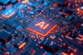 Close-up of AI microcomputer chips on motherboard circuit under colorful glowing digital interface.