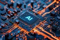 Close-up of AI microcomputer chips on motherboard circuit under colorful glowing digital interface.