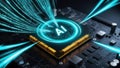 close up of AI processor glowing on motherboard, with binary code streaming outward in dynamic patterns, showcasing power of