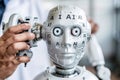 Close Up of AI Robot Head, Modern Technology, Digital Innovation, Advanced Robotics, Futuristic Design