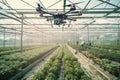 Close up of AI technology taking care of plants in greenhouse in cooperation with people,created with Generative AI