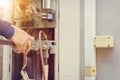 Close up of Air Conditioning Repair, repairman on the floor fixing air conditioning system Royalty Free Stock Photo