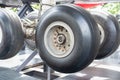 Close up of aircraft wheel at the hangar. Royalty Free Stock Photo