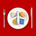 Close up of airplane passport compass and hat suitcase on plate, knife and fork concept illustration on red background