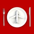 Close up of airplane on plate, knife and fork concept illustration on red background