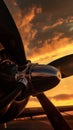Close-up of an airplane propeller against a sunset sky