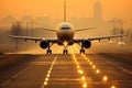 Close-up of airport runway with airplane taking off, showing intricate details and powerful ascend