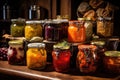 close-up of airtight sealed jars with various homemade preserves