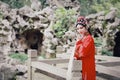 Close-up Aisa Chinese actress Peking Beijing Opera Costumes Pavilion garden China traditional drama play dress perform ancient Royalty Free Stock Photo