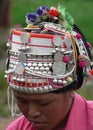 Close up Akha woman in traditional headdress, Muang Sing Northern Laos