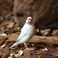 Albino white java sparrow bird perched on a wood chips in greenhouse Royalty Free Stock Photo