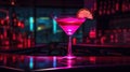 Close up of alcoholic cocktail, beverage, drink, prepared by professional barman in multicolored neon light.