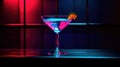 Close up of alcoholic cocktail, beverage, drink, prepared by professional barman in multicolored neon light.