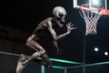 close-up of alien athlete performing spectacular dunk on basketball court
