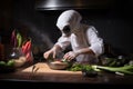 close-up of alien chef chopping ingredients for amazing earth meal