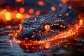 Close up of an Alligator\'s Eyes Glowing in the Dark Night, Fiery Gaze in Swampland with Reflection and Bokeh Lights