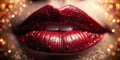 Close-up of alluring red lips adorned with glittering sparkle against a shimmering background. Generative AI Royalty Free Stock Photo