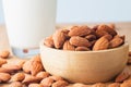 Close up. Almond seeds in a bowl wood and milk glass on table wooden