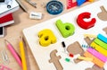 Close up of alphabet board game practicing and basic equipment for elementary grade student for learning and playing in STEM.