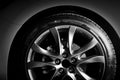 Close-up of aluminium rim of luxury car wheel