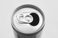 Close up of aluminum can on a top view, soda can white and black. Open can Royalty Free Stock Photo