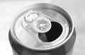 Close up of aluminum can on a top view, soda can white and black. Open can Royalty Free Stock Photo