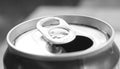 Close up of aluminum can on a top view, soda can white and black. Open can Royalty Free Stock Photo